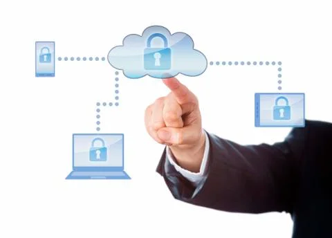 Hand Touching A Locked Cloud Computing Network Stock Photos