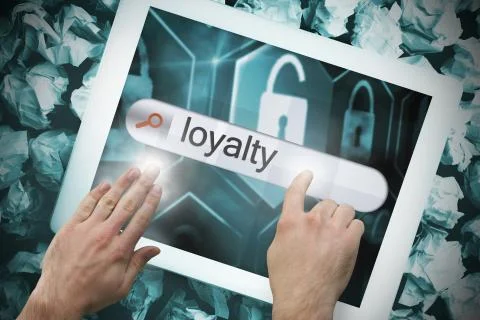 Hand touching loyalty on search bar on tablet screen Stock Illustration