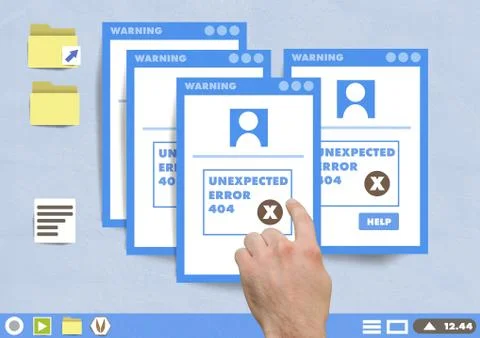Hand touching Many unexpected error 404 warning windows on Paper cut out desktop Foto stock