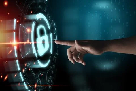 Hand touching with master key with info graphic for technology security Stock Photos