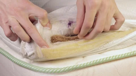 Hand is touching mattress inner filled Stock Footage 322121900