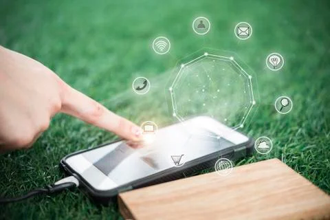 Hand touching on mobile screen for using internet connect to people online wi Stock Photos