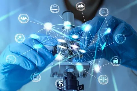 Hand touching modern interface digital transformation and metaverse concept Stock Photos