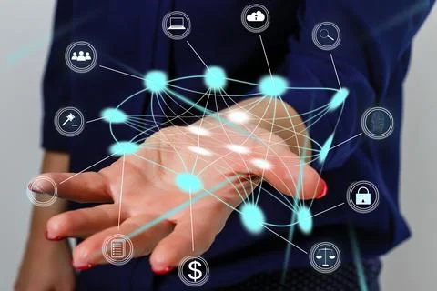 Hand touching modern interface digital transformation and metaverse concept Stock Photos