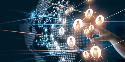 Hand touching network connecting human dots icon in business project Fotos Stock