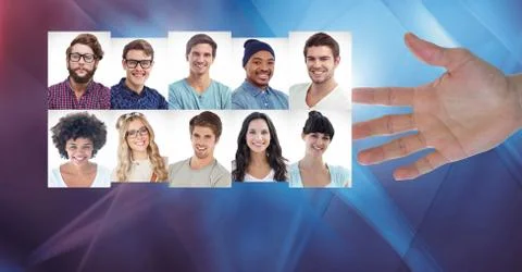 Hand touching portrait profiles of different people Stock Photos