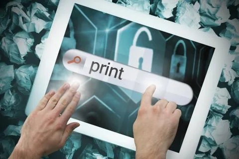 Hand touching print on search bar on tablet screen Stock Illustration