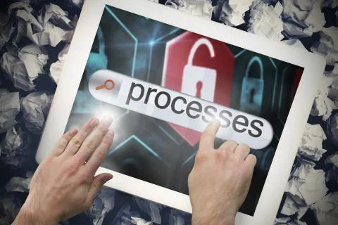 Hand touching processes on search bar on tablet screen Illustrazione stock