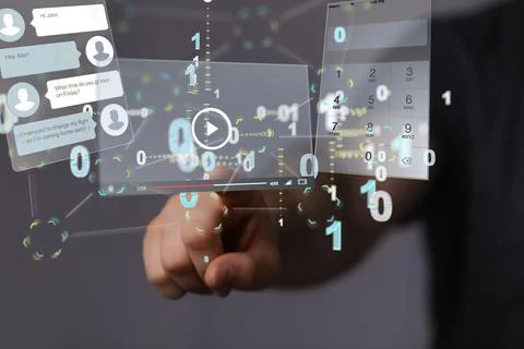 Hand touching on rendered elements of media develop interface web application Stock Photos