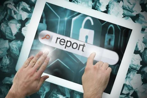 Hand touching report on search bar on tablet screen Illustrazione stock
