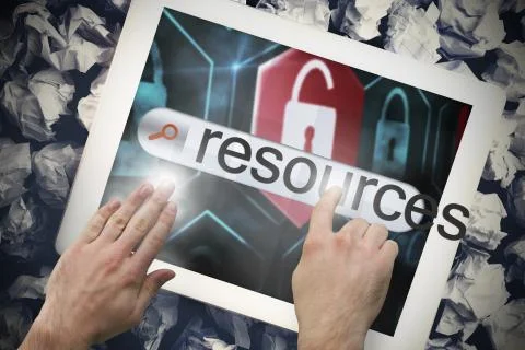 Hand touching resources on search bar on tablet screen Stock Illustration