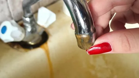 Hand touching rust on faucet in kitchen sink. Repairs, plumbing Vídeos de archivo 332975276