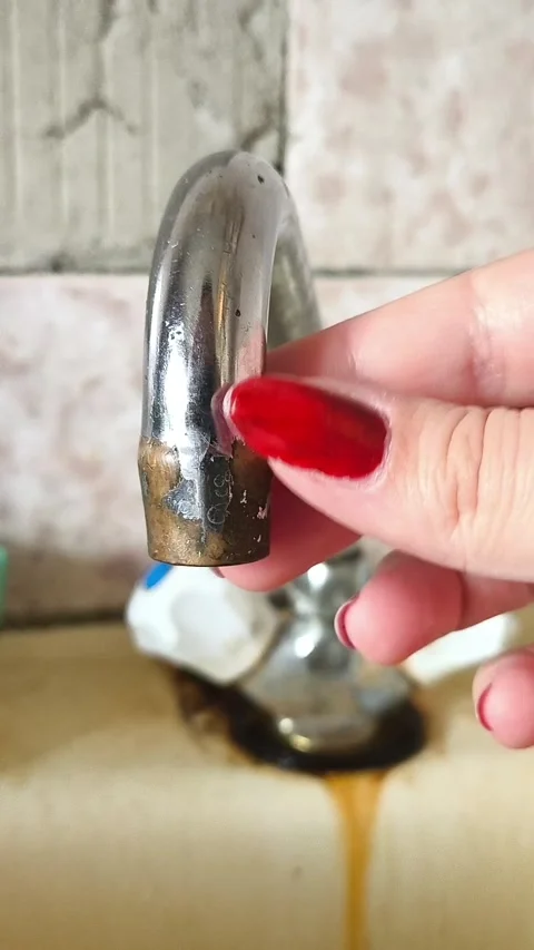 Hand touching rust on faucet in kitchen sink. Repairs, plumbing Stock-Footage 332975295