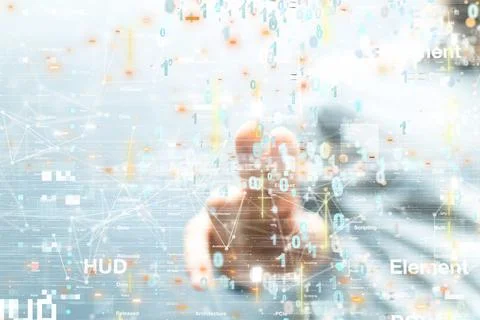 Hand touching a screen with binary numbers. Global network, blockchain, neural n Stock Photos