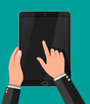 Hand touching screen of black tablet computer. Stock Illustration