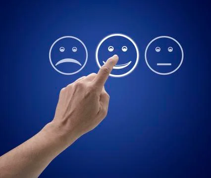 Hand touching screen with customer service evaluation form. Stock Illustration