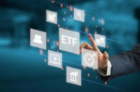 Hand touching screen digital virtual futuristic interface icon ETF Exchange T Stock Photos