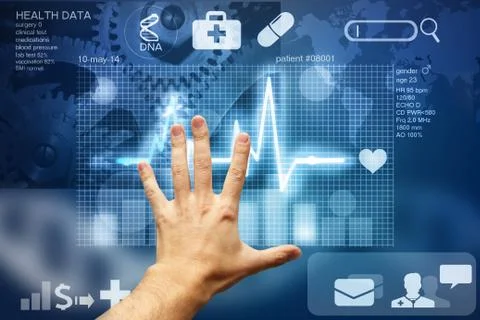 Hand touching screen with medical data Stock Photos
