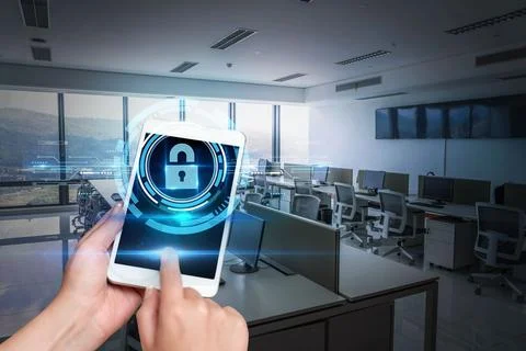 Hand Touching Screen Of Mobile Phone Inside Office Showing Futuristic Techn.. Stock Photos