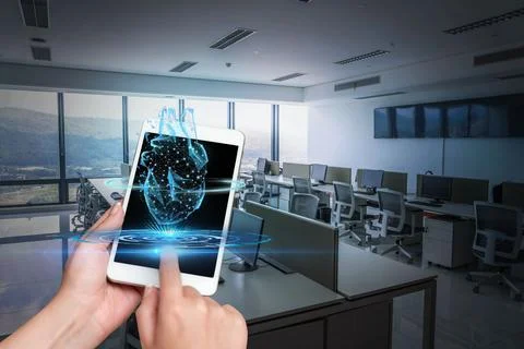 Hand Touching Screen Of Mobile Phone Inside Office Showing Futuristic Techn.. Stock Photos