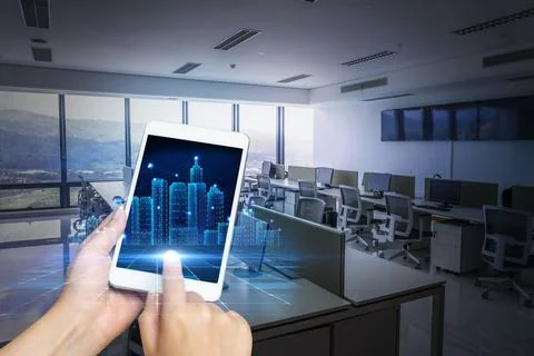 Hand Touching Screen Of Mobile Phone Inside Office Showing Futuristic Techn.. Stock Photos