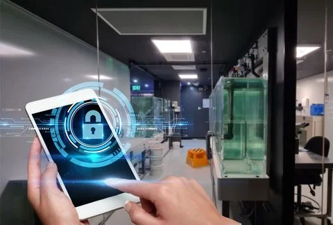 Hand Touching Screen Of Mobile Phone In Laboratory Showing Futuristic Techn.. Stock Photos
