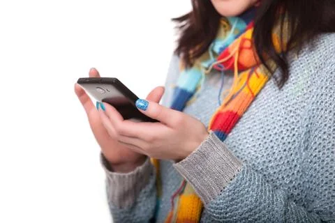 Hand touching screen on modern mobile smart phone Fotos de archivo