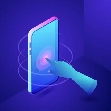 Hand touching screen on phone. Digital interactive technology concept. Vector Stock Illustration