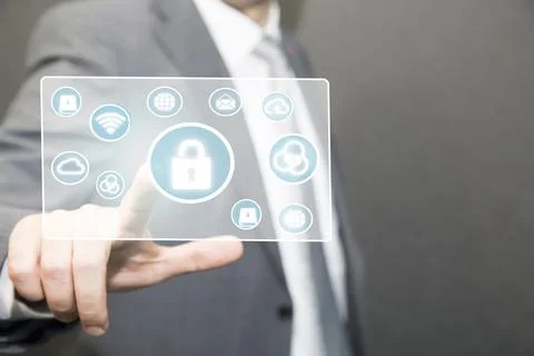 Hand touching screen security scanning protect. Cyber Security and safety Stock Photos