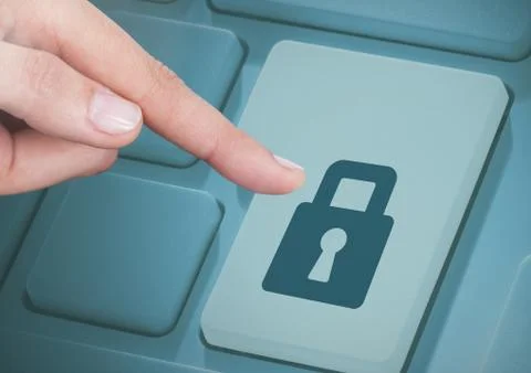 Hand Touching security key button on keyboard Stock Photos