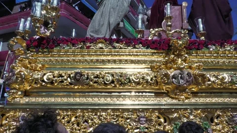 Hand Touching Semana Santa Paso During Procession in Seville Stock Footage 336015191