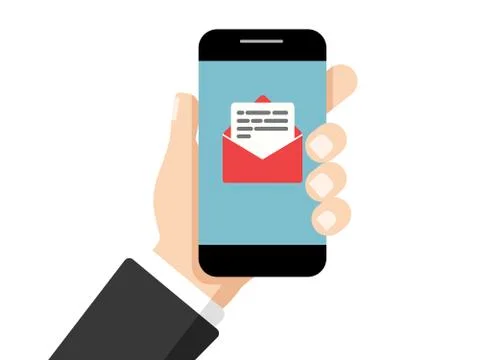 Hand touching smart phone with E-mail symbol on the screen. Using smartphone, Stock Illustration