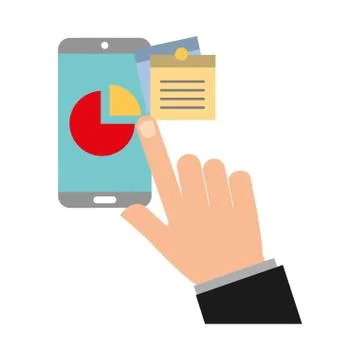Hand touching smartphone chart pie note office Stock Illustration