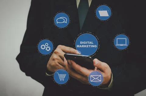Hand touching smartphone digital virtual screen marketing concept icon busi.. Stock Photos