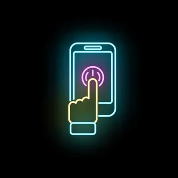 Hand touching smartphone power button neon display 스톡 일러스트
