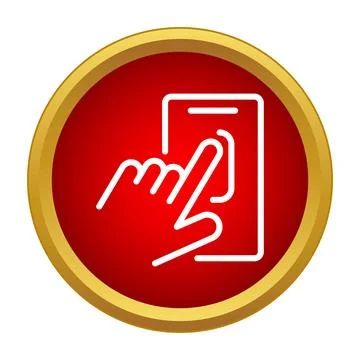 Hand touching smartphone screen icon on red button 스톡 일러스트