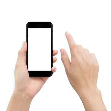 Hand touching smartphone screen isolated on white, mock up phone mobile bla.. Stock Photos