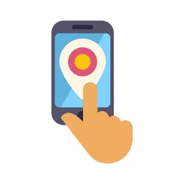 Hand touching smartphone screen with location pin icon Stock Illustration