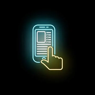 Hand touching smartphone screen showing data neon glow Stock Illustration