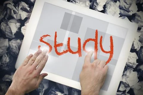 Hand touching study on search bar on tablet screen Stock Illustration