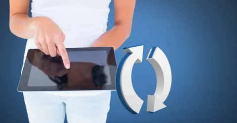 Hand touching tablet with 3D refresh arrows icon Stock Photos