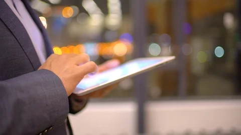 Hand touching tablet computer surface touchscreen. man using tablet computer Stock Footage 87203719