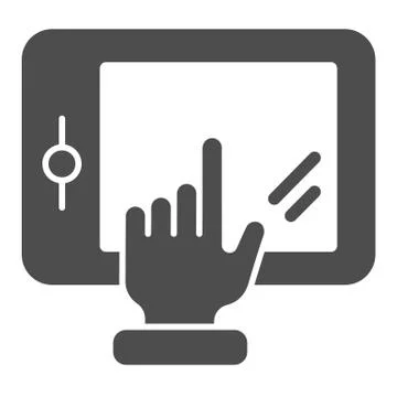Hand touching tablet solid icon. Finger pointing on tablet vector illustration Stock Illustration