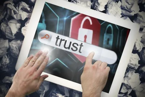 Hand touching trust on search bar on tablet screen Illustrazione stock