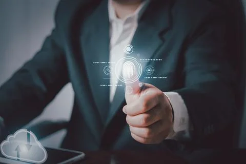 Hand touching to virtual artificial intelligence with cloud technology transf Stock-Fotos