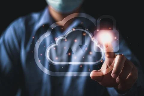 Hand touching to virtual artificial intelligence with cloud technology transf Stock-Fotos