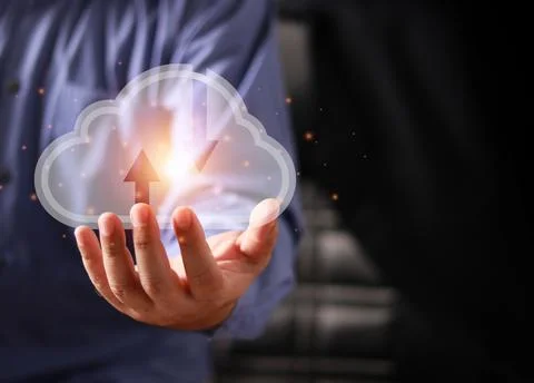 Hand touching to virtual artificial intelligence with cloud technology transf Foto stock