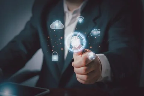 Hand touching to virtual artificial intelligence with cloud technology transf Stock-Fotos