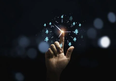 Hand touching to virtual clock with dollar sign on dark background for time Foto stock