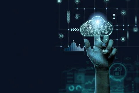 Hand touching virtual cloud computing to transfer data information and uplo.. Fotos Stock
